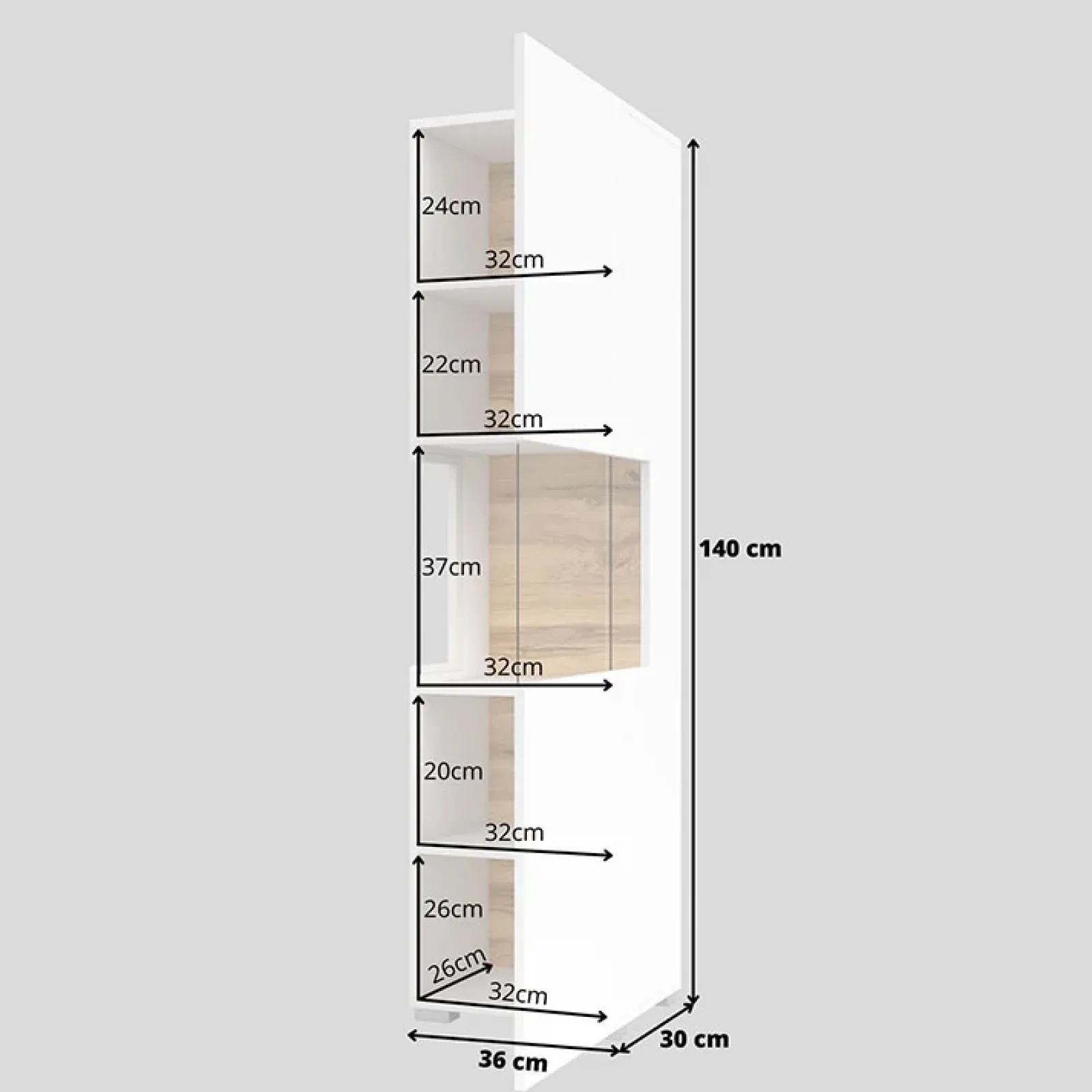 Garnero Arredamenti Vetrinette|Vetrinette-Vetrina 36x140h cm da parete bianco rovere Fusion Bianco Opaco