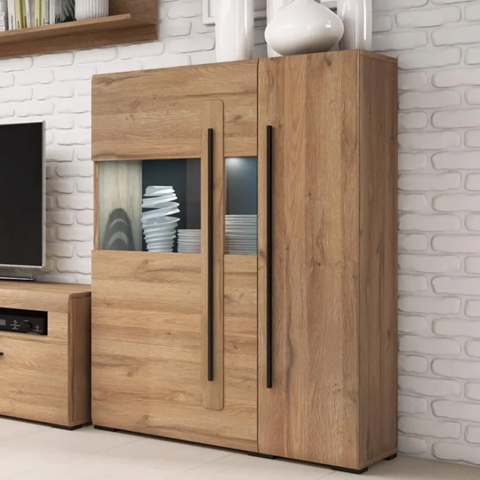 Garnero Arredamenti Vetrinette|Vetrinette-Vetrinetta bassa 90x136h cm 2 ante soggiorno rovere Maiorca