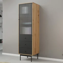 Garnero Arredamenti Vetrinette|Vetrinette-Vetrinetta 52x180h cm 1 anta 3 cassetti con led soggiorno rovere nero Herning