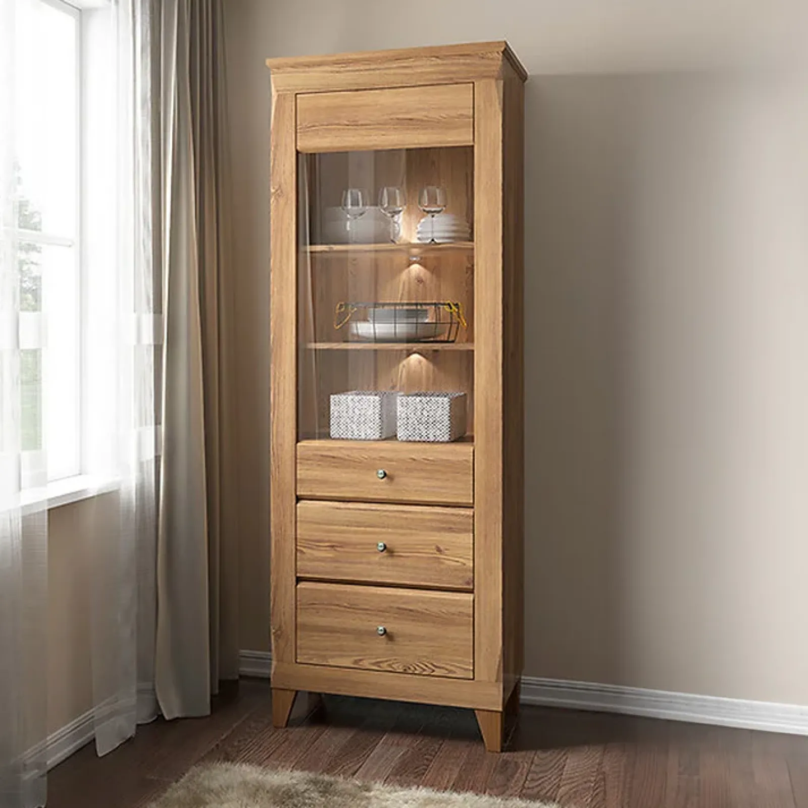 Garnero Arredamenti Vetrinette|Vetrinette-Vetrinetta 72x202h cm 1 anta 3 cassetti rovere scuro Lucca