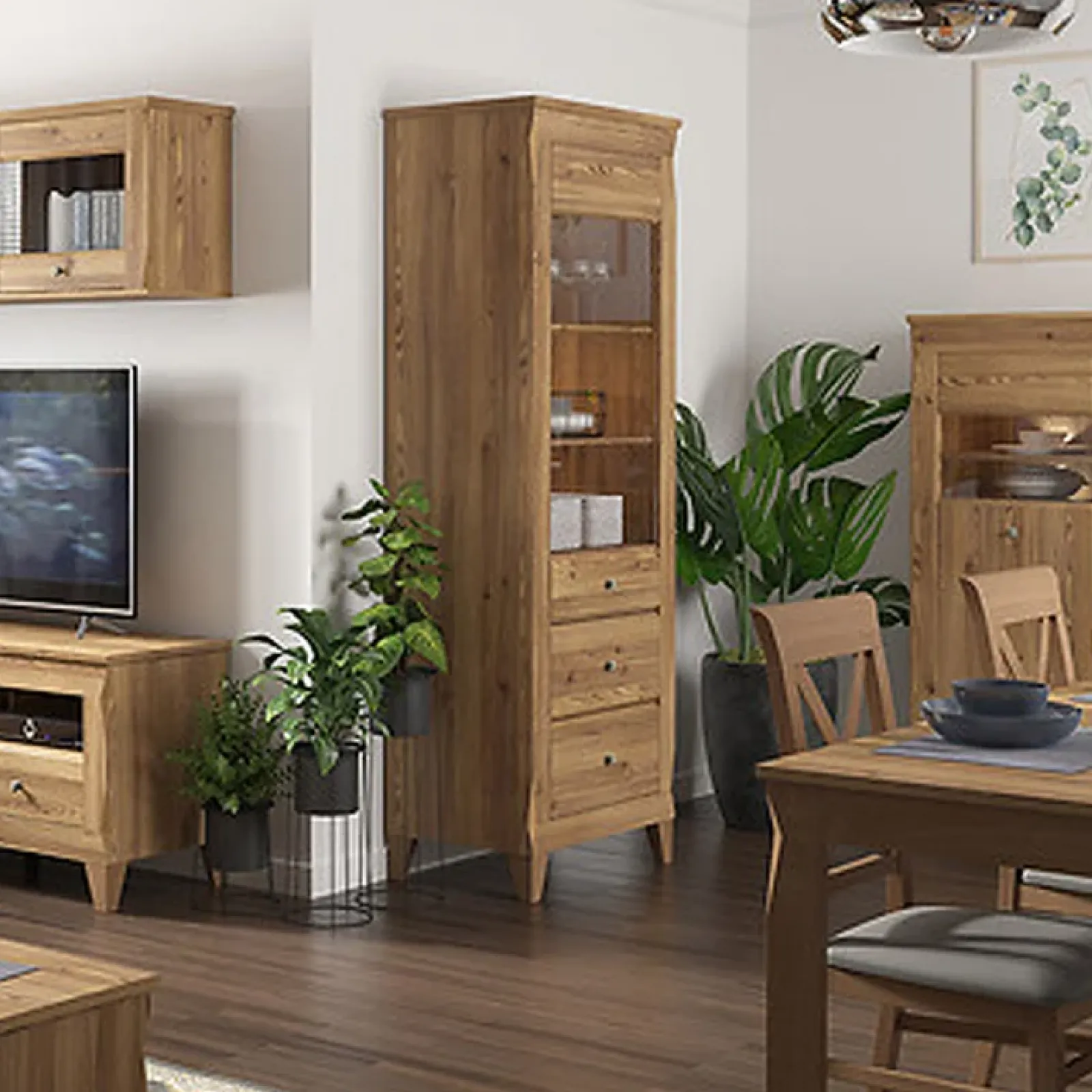 Garnero Arredamenti Vetrinette|Vetrinette-Vetrinetta 72x202h cm 1 anta 3 cassetti rovere scuro Lucca