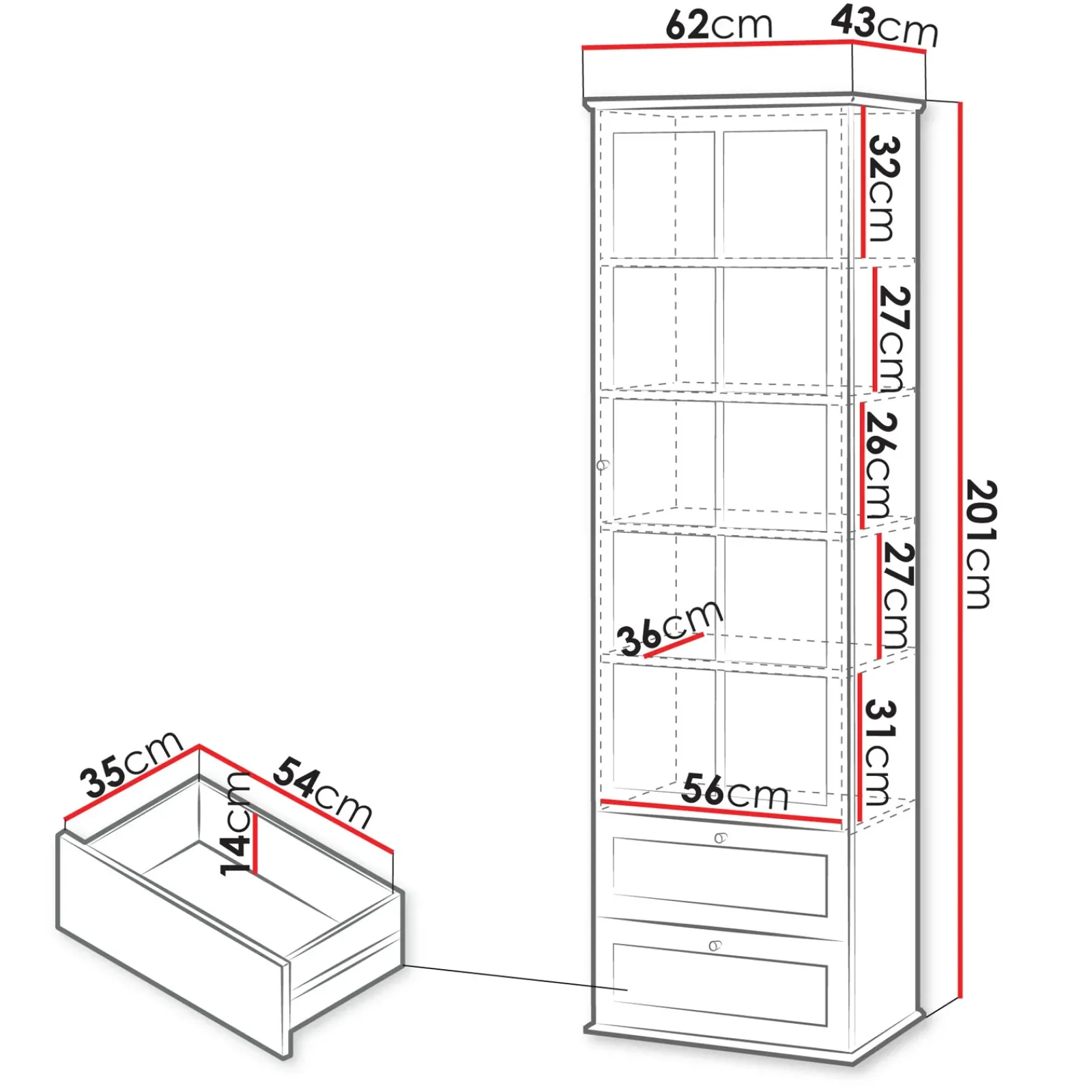 Garnero Arredamenti Vetrinette|Vetrinette-Vetrinetta 62x201h cm 1 anta 2 cassetti bianco rovere Relaxio
