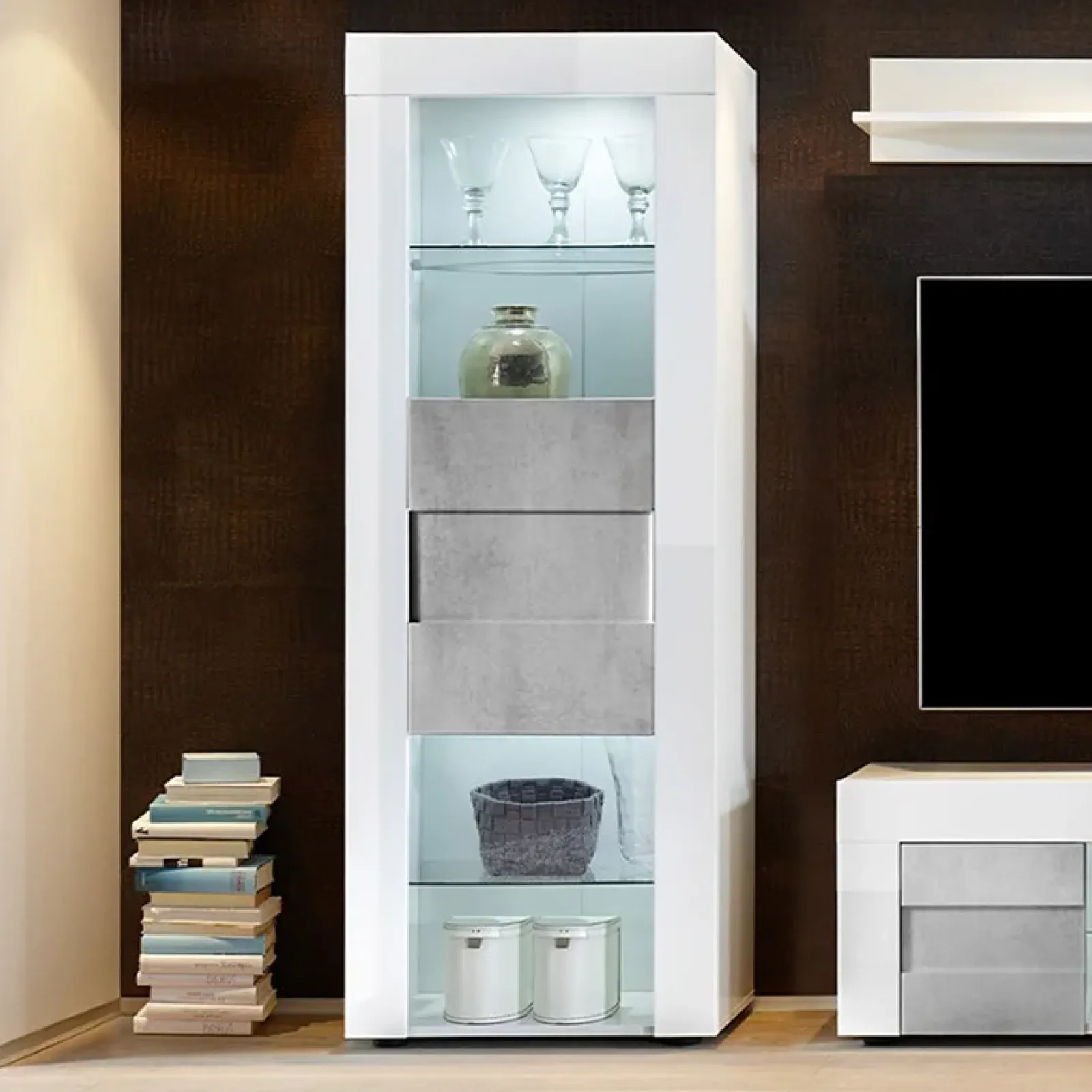 Garnero Arredamenti Vetrinette|Vetrinette-Vetrinetta 61x167h cm 1 anta bianco laccato lucido cemento Easy Cemento - Bianco Lucido