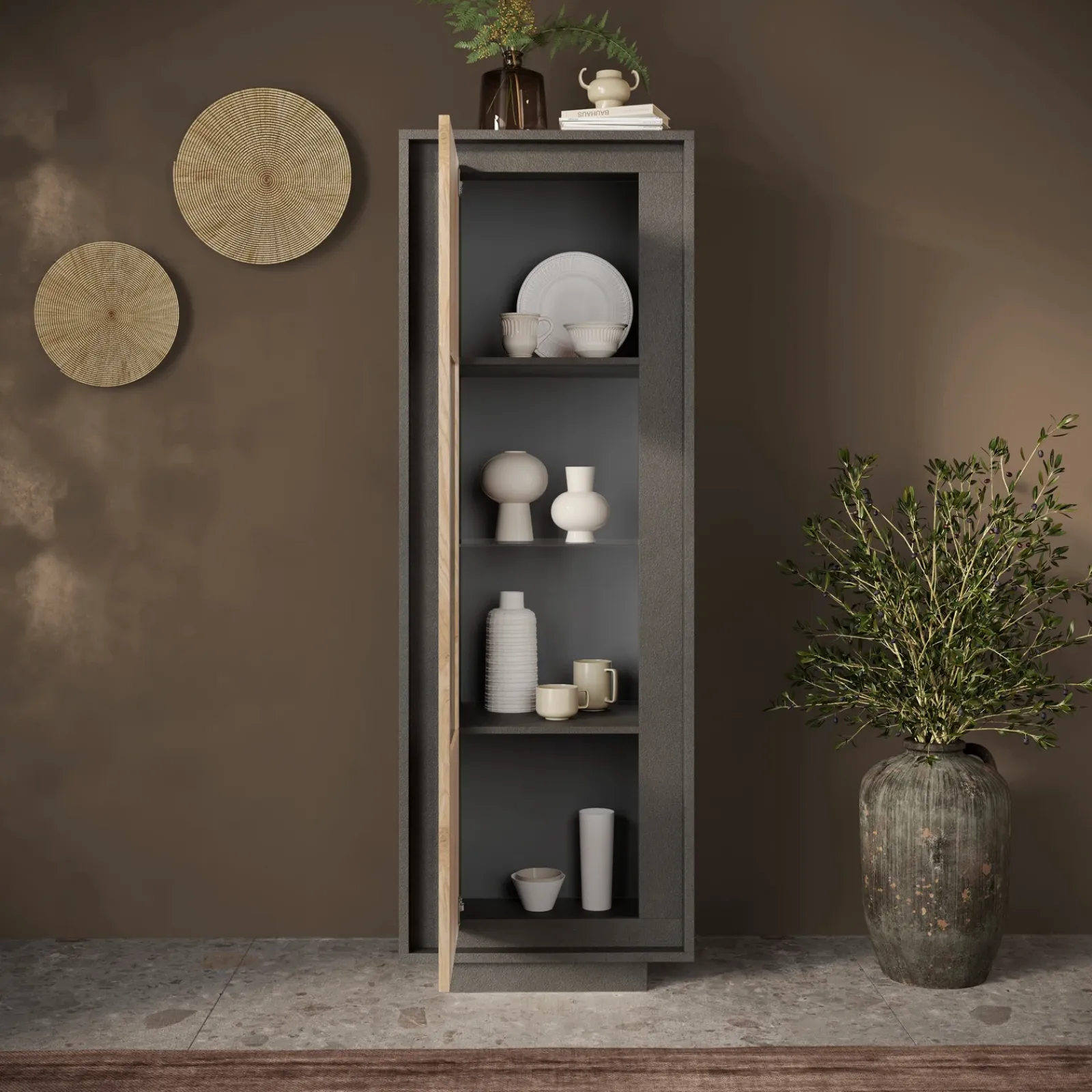 Garnero Arredamenti Vetrinette|Vetrinette-Vetrinetta 67x197h cm 1 anta moderna antracite rovere chiaro Deluxe Antracite - Rovere