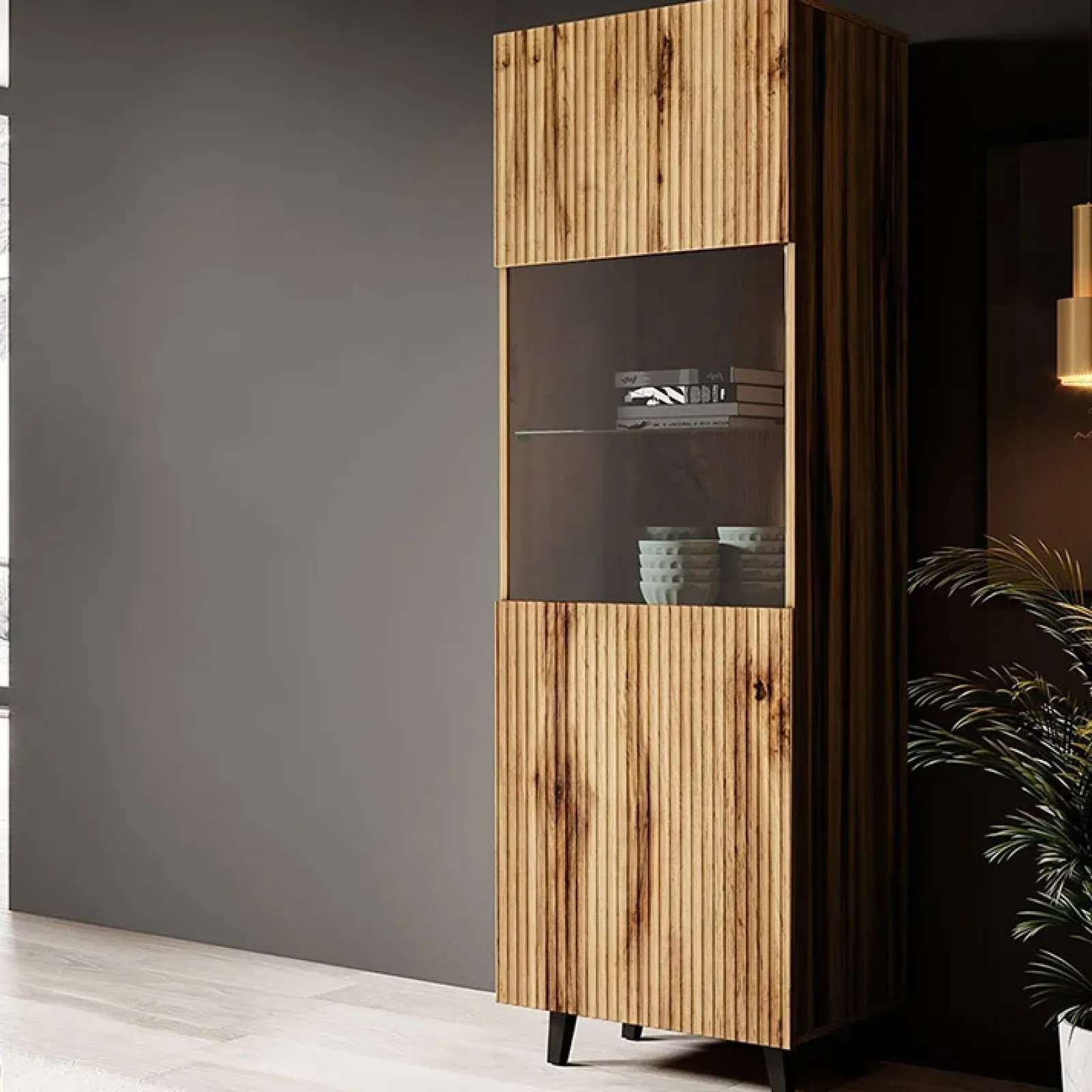 Garnero Arredamenti Vetrinette|Vetrinette-Vetrinetta 60x183h cm 1 anta moderna cannettato Essence Quercia