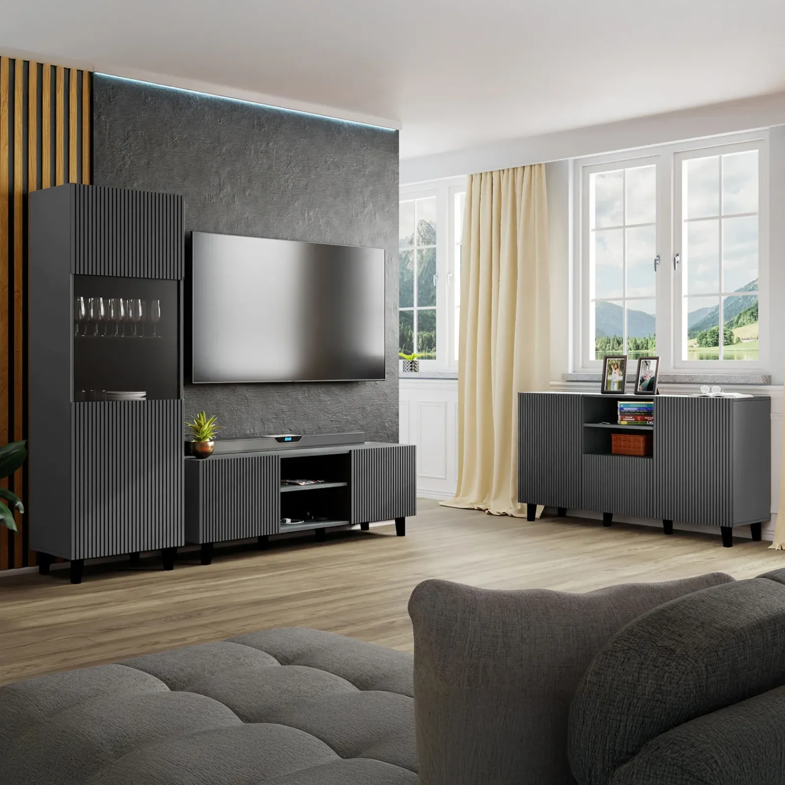 Garnero Arredamenti Vetrinette|Vetrinette-Vetrinetta 60x183h cm 1 anta moderna cannettato Essence Antracite