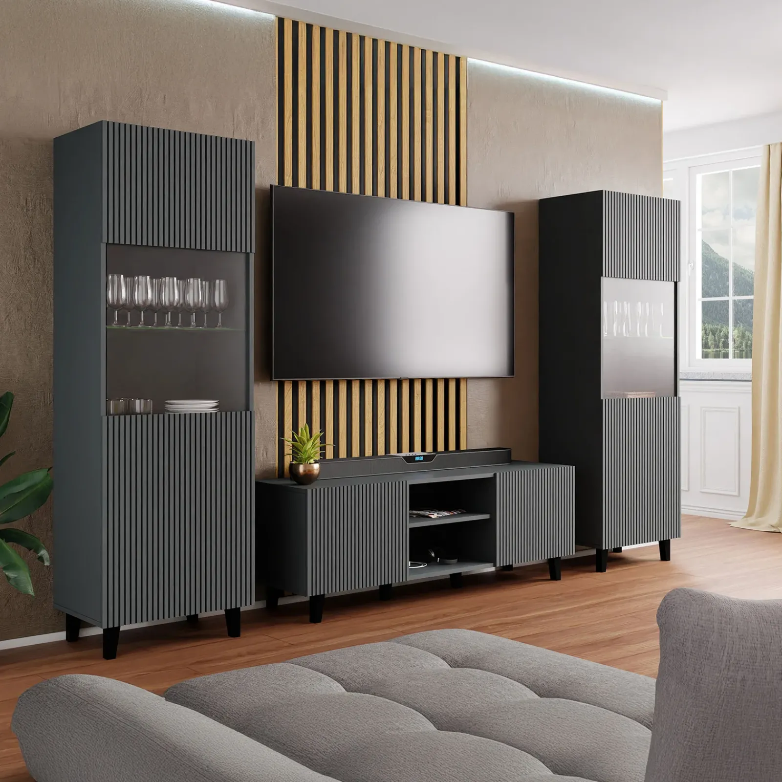 Garnero Arredamenti Vetrinette|Vetrinette-Vetrinetta 60x183h cm 1 anta moderna cannettato Essence Antracite