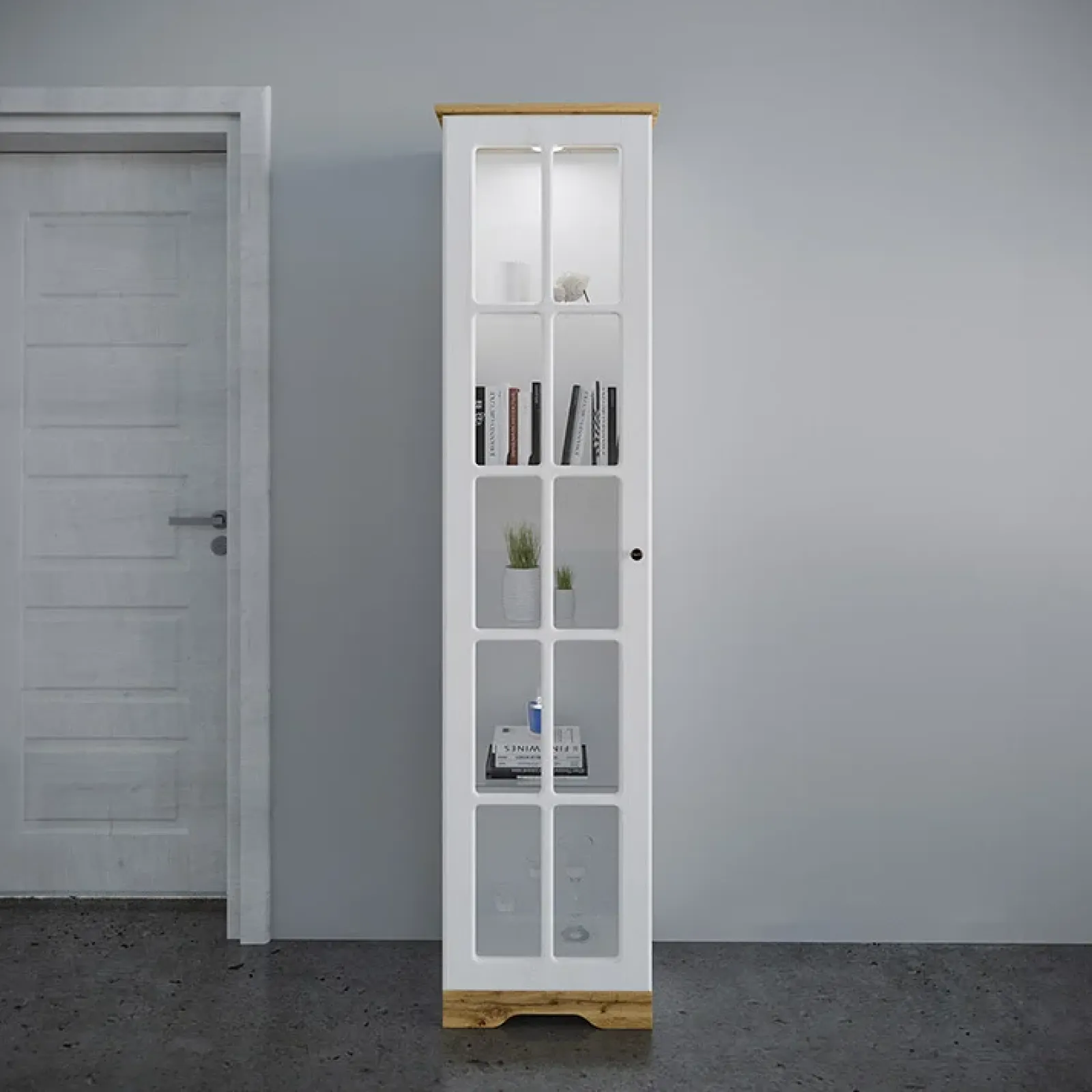 Garnero Arredamenti Vetrinette|Vetrinette-Vetrinetta 48x199h cm 1 anta shabby bianco lucido rovere Loira