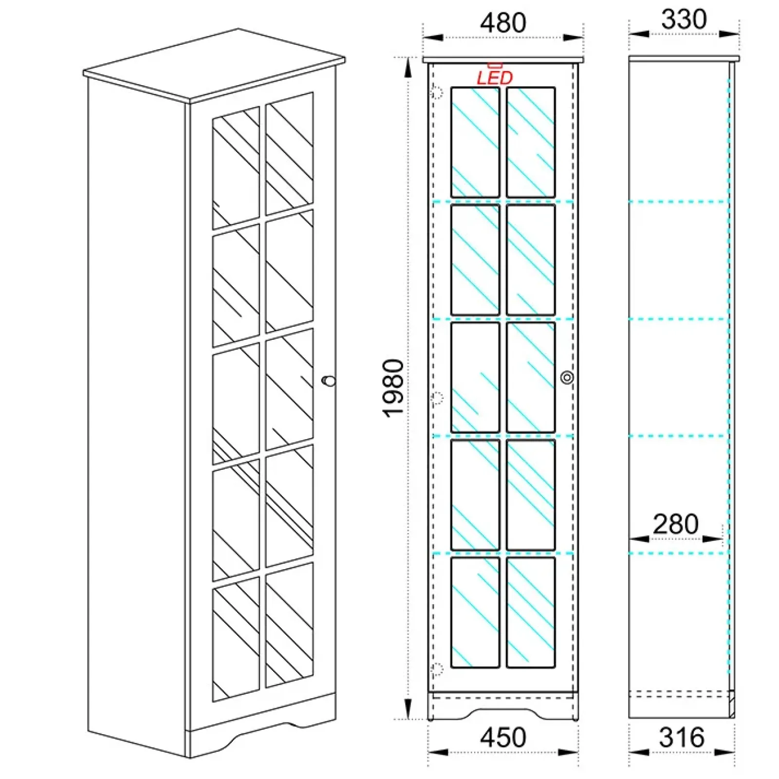 Garnero Arredamenti Vetrinette|Vetrinette-Vetrinetta 48x199h cm 1 anta shabby bianco lucido rovere Loira