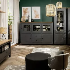 Garnero Arredamenti Vetrinette|Vetrinette-Vetrinetta 186x126h cm 5 ante 2 cassetti nero grafite rovere chiaro Holga Grafite - Rovere