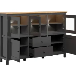 Garnero Arredamenti Vetrinette|Vetrinette-Vetrinetta 186x126h cm 5 ante 2 cassetti nero grafite rovere chiaro Holga Grafite - Rovere