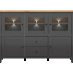 Garnero Arredamenti Vetrinette|Vetrinette-Vetrinetta 186x126h cm 5 ante 2 cassetti nero grafite rovere chiaro Holga Grafite - Rovere