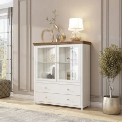 Garnero Arredamenti Credenze Moderne|Vetrinette-Vetrinetta 126x138h cm 2 ante 2 cassetti rovere Texel Bianco Frassinato