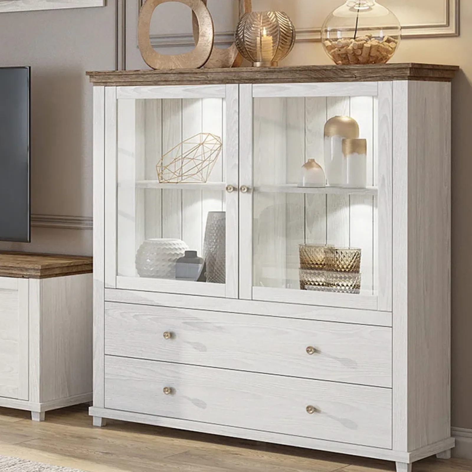 Garnero Arredamenti Credenze Moderne|Vetrinette-Vetrinetta 126x138h cm 2 ante 2 cassetti rovere Texel Bianco Frassinato