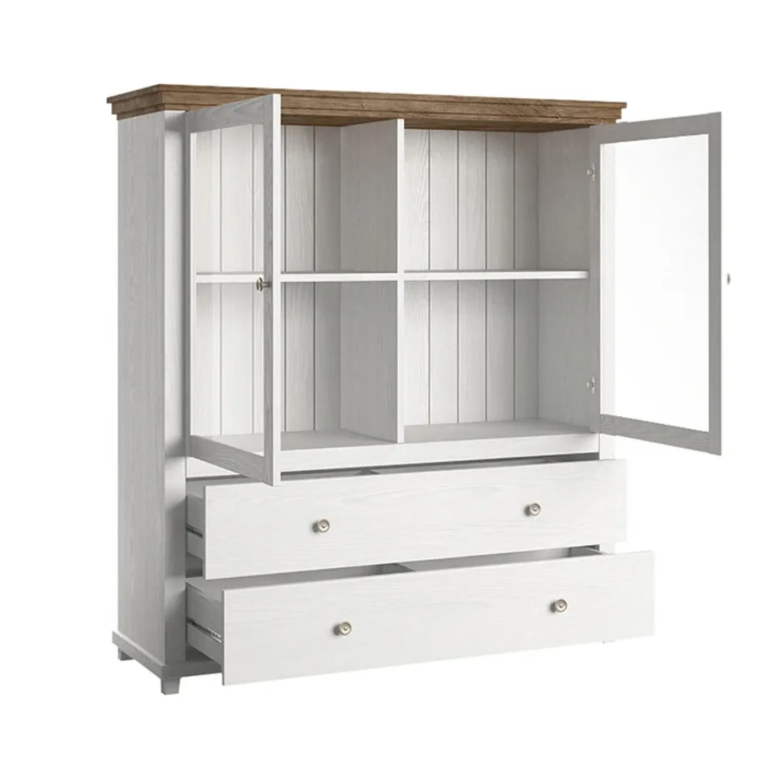 Garnero Arredamenti Credenze Moderne|Vetrinette-Vetrinetta 126x138h cm 2 ante 2 cassetti rovere Texel Bianco Frassinato