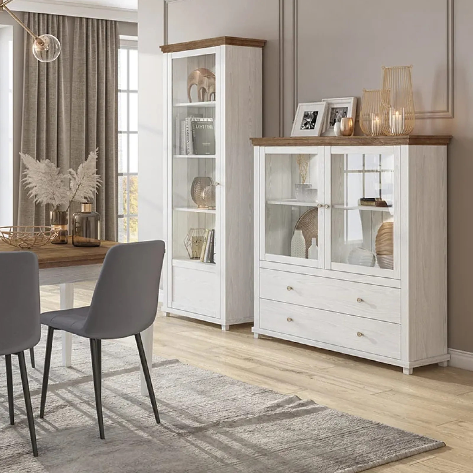 Garnero Arredamenti Credenze Moderne|Vetrinette-Vetrinetta 126x138h cm 2 ante 2 cassetti rovere Texel Bianco Frassinato