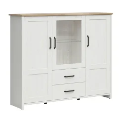 Garnero Arredamenti Vetrinette|Vetrinette-Vetrinetta 160x135h cm 3 ante 2 cassetti soggiorno bianco frassinato rovere Lars