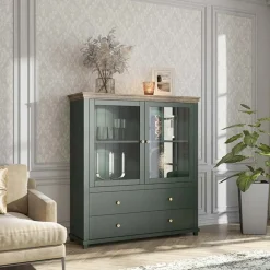 Garnero Arredamenti Vetrinette|Vetrinette-Vetrinetta 126x138h cm 2 ante 2 cassetti quercia Texel Verde