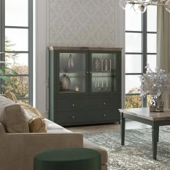 Garnero Arredamenti Vetrinette|Vetrinette-Vetrinetta 126x138h cm 2 ante 2 cassetti quercia Texel Verde