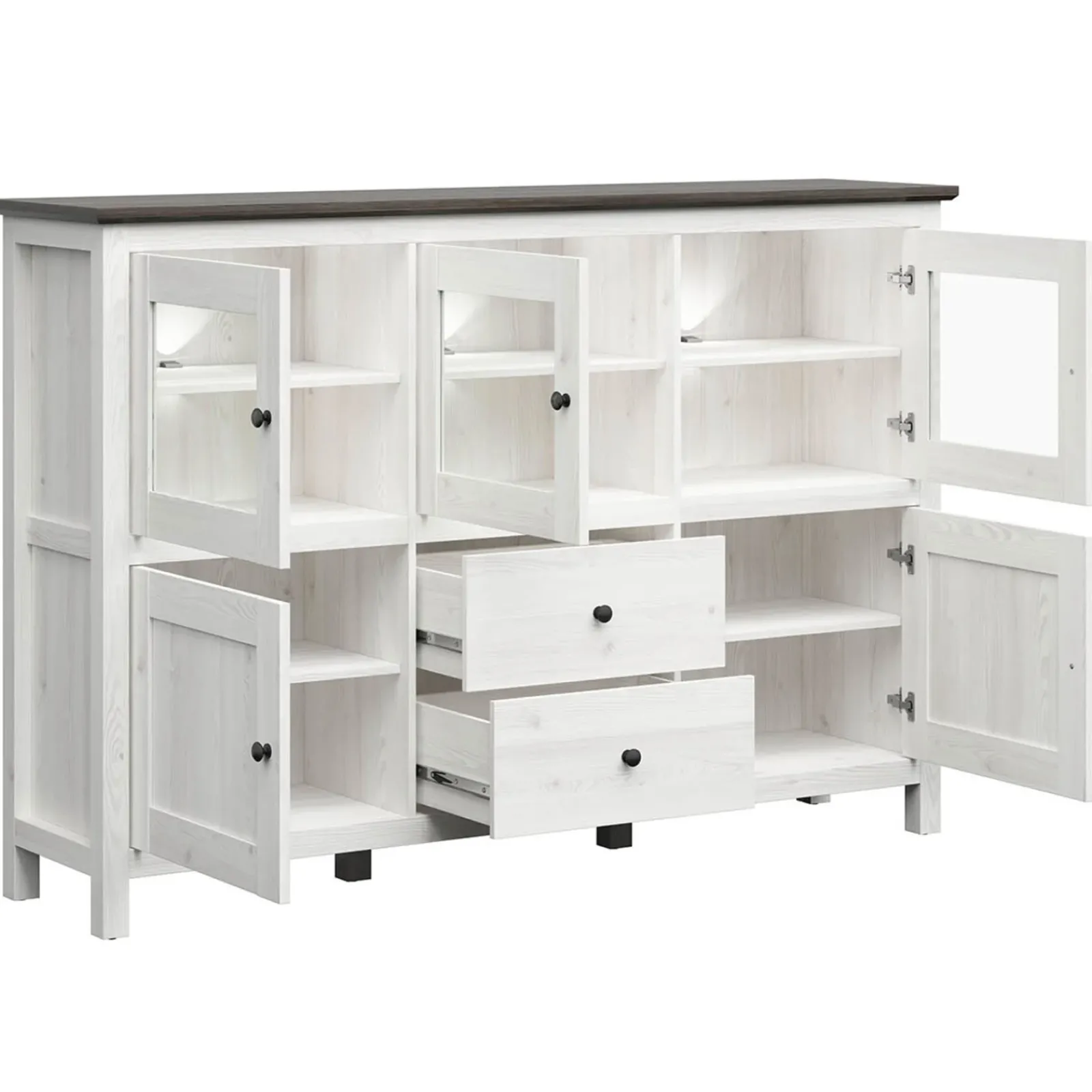 Garnero Arredamenti Vetrinette|Vetrinette-Vetrinetta 186x126h cm 5 ante 2 cassetti arte povera bianco frassinato frassinato grafite Holga Bianco Frassinato - Grafite