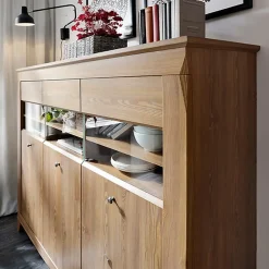 Garnero Arredamenti Vetrinette|Vetrinette-Vetrinetta 156x151h cm 3 ante 4 cassetti rovere scuro Lucca