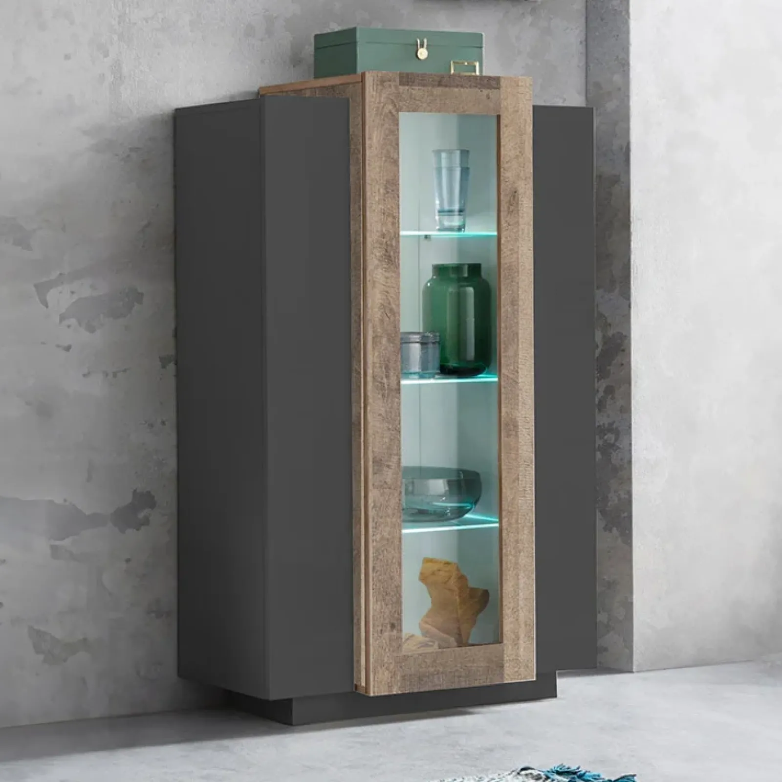 Garnero Arredamenti Vetrinette|Vetrinette-Vetrinetta 80x121h cm 2 ante antracite rovere Milos Gihome® Antracite - Rovere Rustico