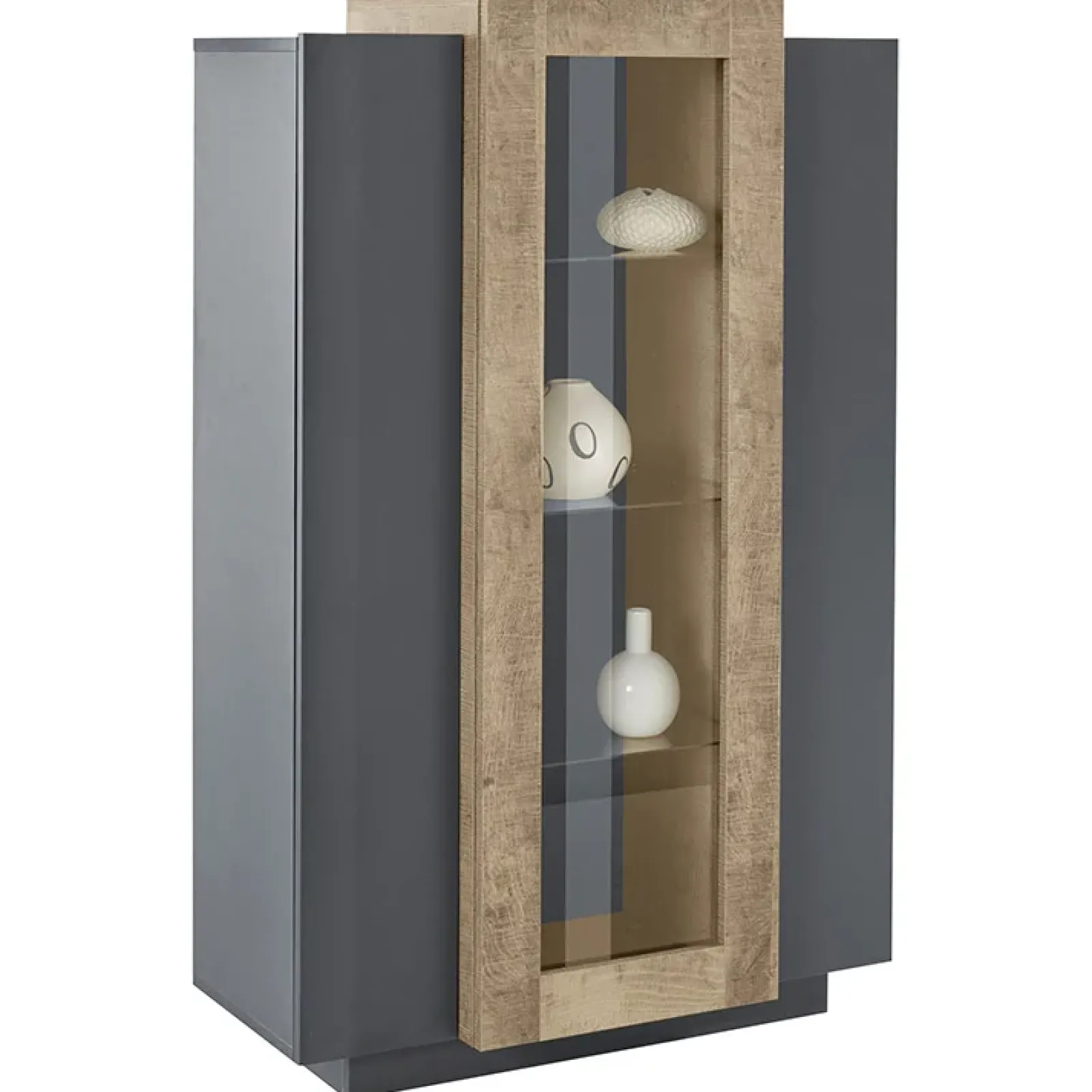Garnero Arredamenti Vetrinette|Vetrinette-Vetrinetta 80x121h cm 2 ante antracite rovere Milos Gihome® Antracite - Rovere Rustico