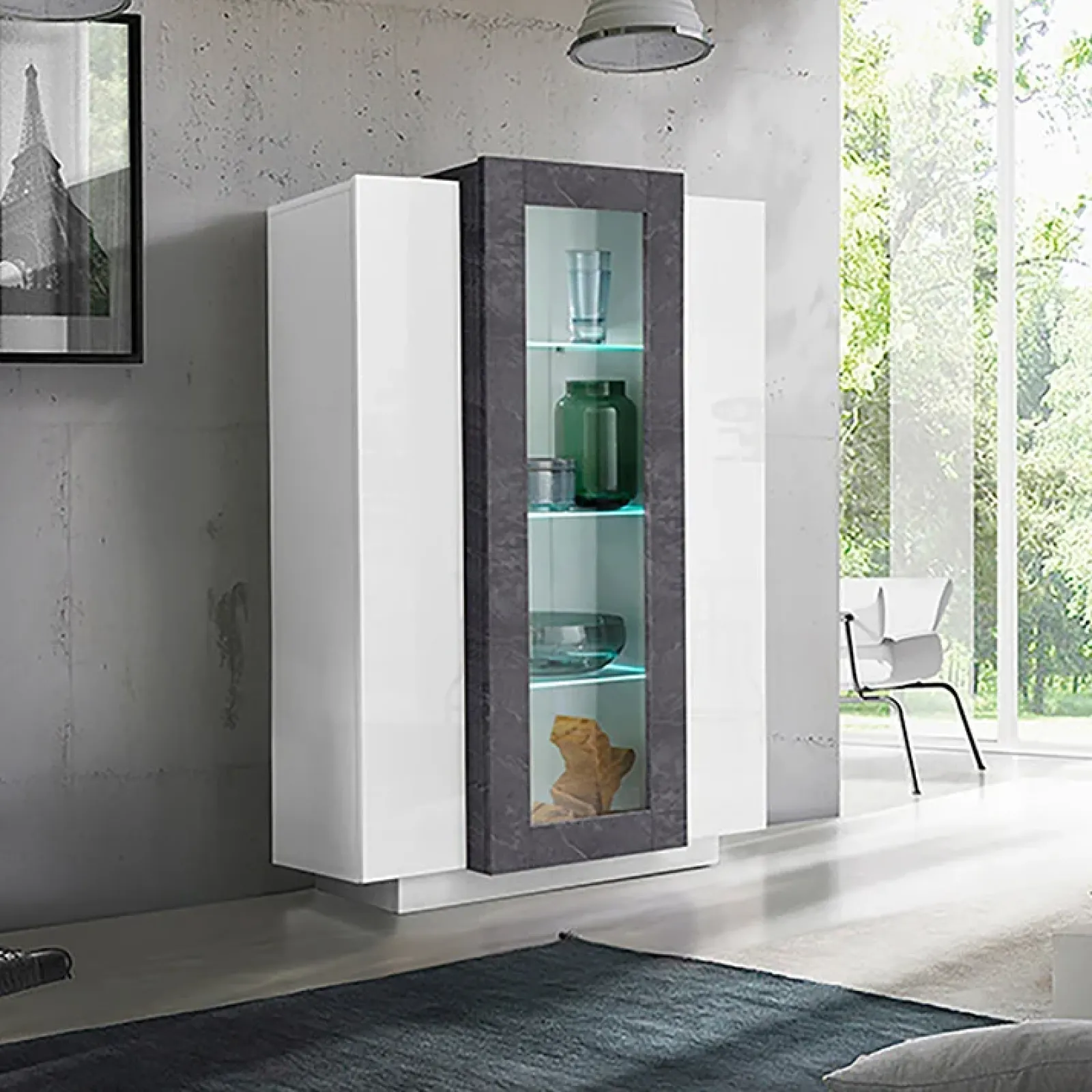 Garnero Arredamenti Vetrinette|Vetrinette-Vetrinetta 80x121h cm 2 ante bianco lucido nero opaco Milos Gihome® Bianco Lucido - Ossido