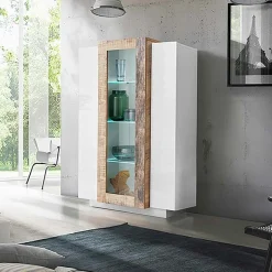 Garnero Arredamenti Vetrinette|Vetrinette-Vetrinetta 80x121h cm 2 ante bianco lucido rovere Milos Gihome® Bianco Lucido - Rovere Rustico