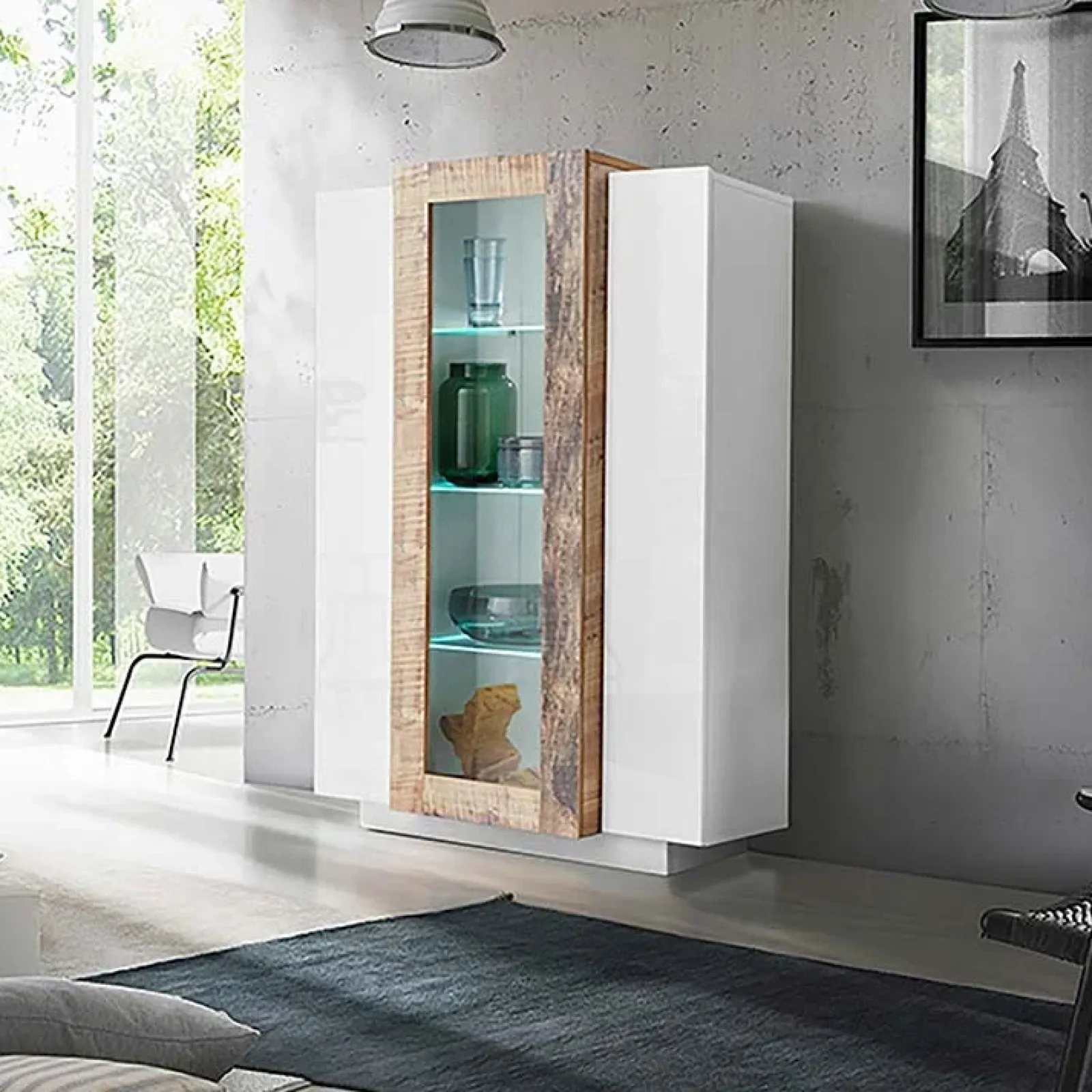 Garnero Arredamenti Vetrinette|Vetrinette-Vetrinetta 80x121h cm 2 ante bianco lucido rovere Milos Gihome® Bianco Lucido - Rovere Rustico