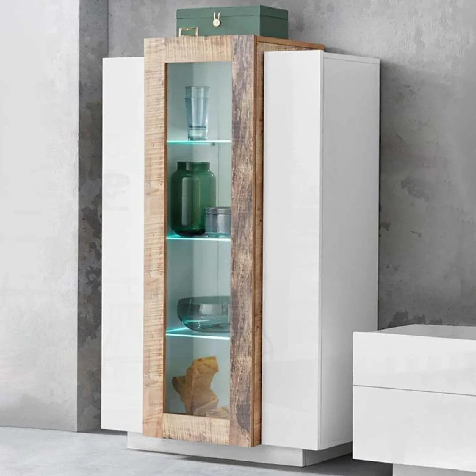 Garnero Arredamenti Vetrinette|Vetrinette-Vetrinetta 80x121h cm 2 ante bianco lucido rovere Milos Gihome® Bianco Lucido - Rovere Rustico