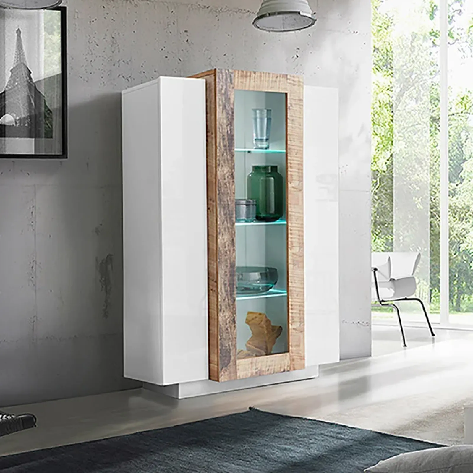 Garnero Arredamenti Vetrinette|Vetrinette-Vetrinetta 80x121h cm 2 ante bianco lucido rovere Milos Gihome® Bianco Lucido - Rovere Rustico