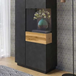 Garnero Arredamenti Vetrinette|Vetrinette-Vetrinetta 80x207h cm 2 ante destra antracite rovere Bahama Antracite - Rovere Rustico