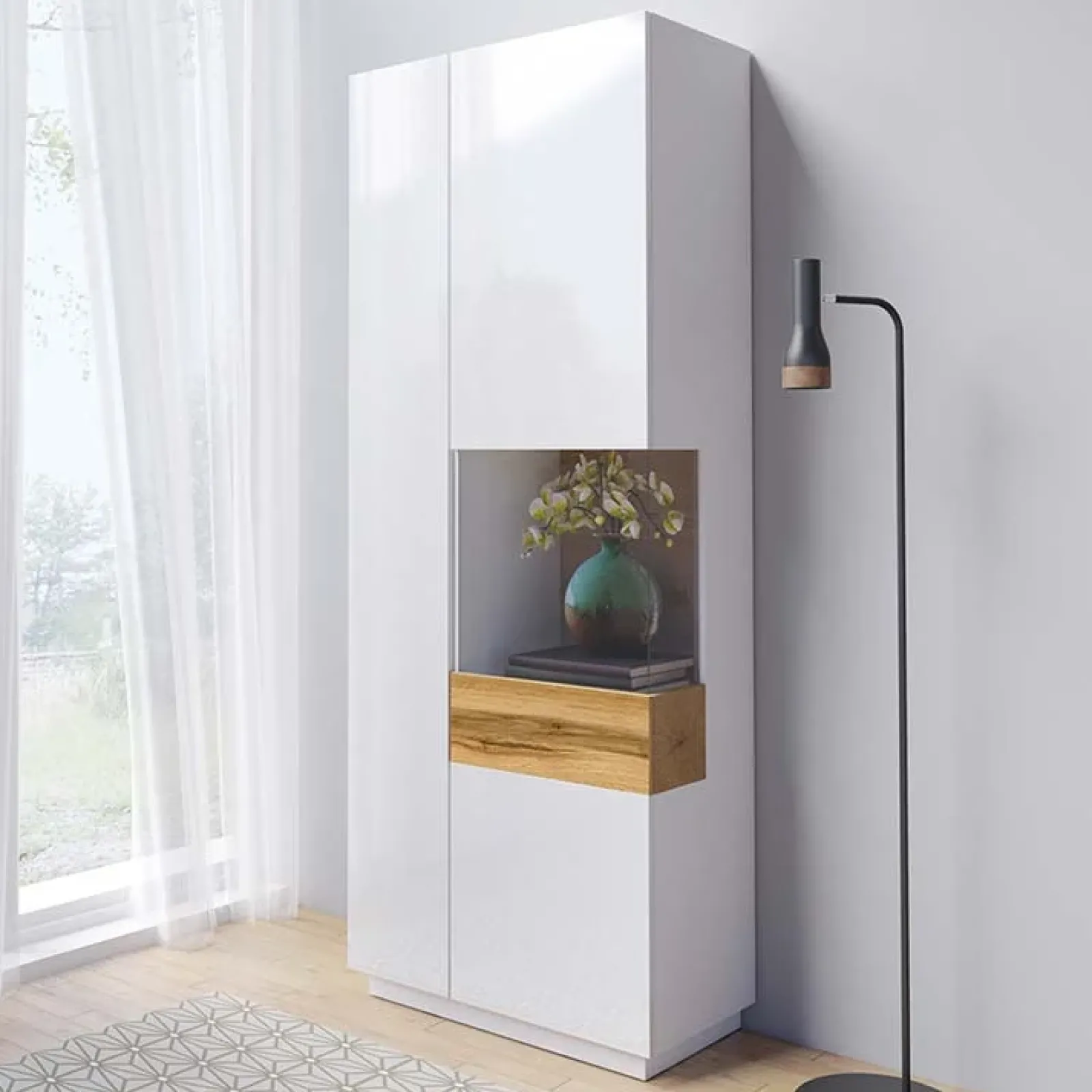 Garnero Arredamenti Vetrinette|Vetrinette-Vetrinetta 80x207h cm 2 ante destra bianco lucido rovere Bahama Bianco Lucido - Rovere Rustico