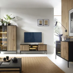 Garnero Arredamenti Vetrinette|Vetrinette-Vetrinetta 104x166h cm 2 ante moderna nero rovere antico cannettato Bali