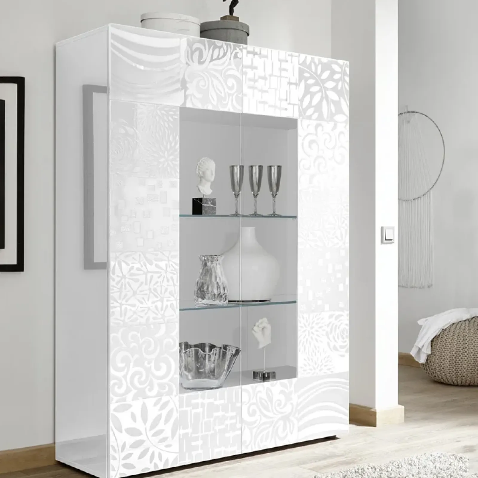 Garnero Arredamenti Vetrinette|Vetrinette-Vetrinetta 121x166h cm 2 ante moderna serigrafato Paradise Bianco Lucido