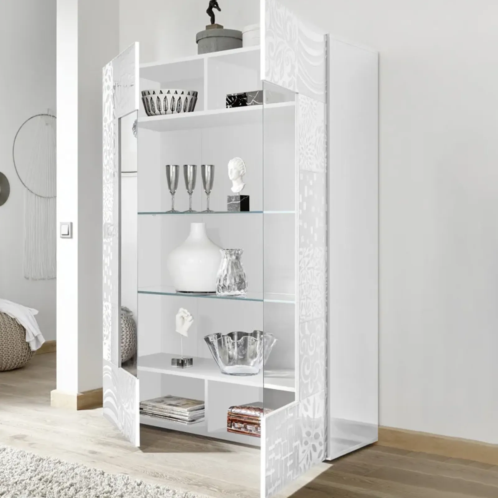 Garnero Arredamenti Vetrinette|Vetrinette-Vetrinetta 121x166h cm 2 ante moderna serigrafato Paradise Bianco Lucido