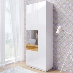 Garnero Arredamenti Vetrinette|Vetrinette-Vetrinetta 80x207h cm 2 ante sinistra bianco lucido rovere Bahama Bianco Lucido - Rovere Rustico