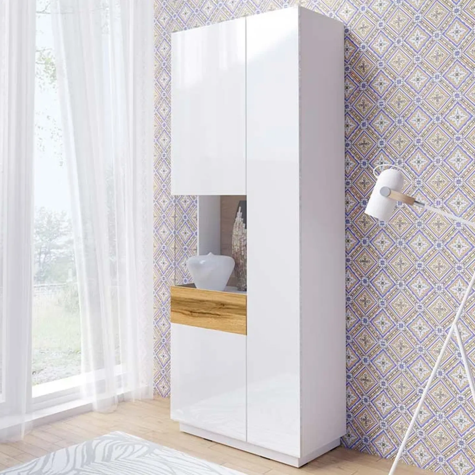 Garnero Arredamenti Vetrinette|Vetrinette-Vetrinetta 80x207h cm 2 ante sinistra bianco lucido rovere Bahama Bianco Lucido - Rovere Rustico