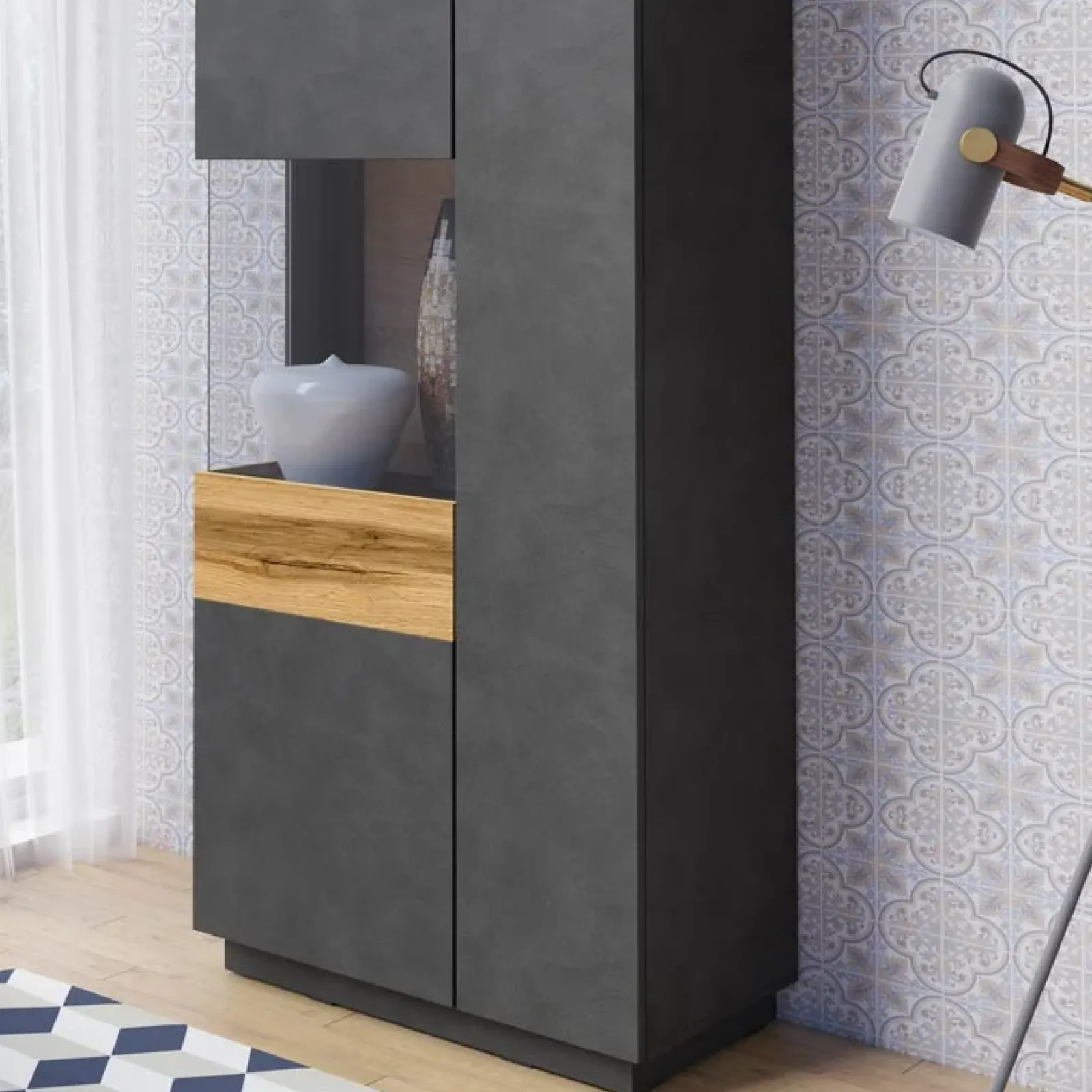 Garnero Arredamenti Vetrinette|Vetrinette-Vetrinetta 80x207h cm 2 ante sinistra moderna antracite rovere Bahama Antracite - Rovere Rustico