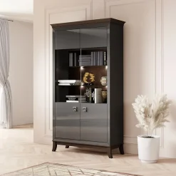 Garnero Arredamenti Vetrinette|Vetrinette-Vetrinetta 116x207h cm 2 ante soggiorno antracite lucido rovere scuro Umag Antracite - Wengè