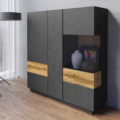 Garnero Arredamenti Vetrinette|Vetrinette-Vetrinetta 130x139h cm 3 ante soggiorno antracite rovere Bahama Antracite - Rovere Rustico