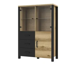 Garnero Arredamenti Credenze Moderne|Vetrinette-Vetrinetta 101x146h cm industrial 2 ante 3 cassetti rovere nero Nebraska Rovere - Nero opaco