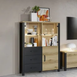 Garnero Arredamenti Credenze Moderne|Vetrinette-Vetrinetta 101x146h cm industrial 2 ante 3 cassetti rovere nero Nebraska Rovere - Nero opaco