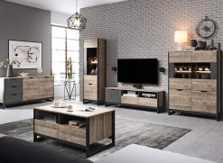 Garnero Arredamenti Vetrinette|Vetrinette-Vetrinetta 109x150h cm industrial 4 ante quercia scura ossido Sandy